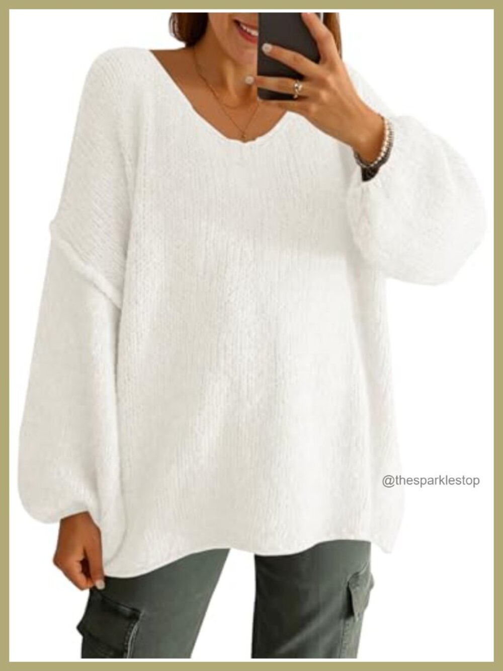 Oversized Chunky V-Neck Knit Sweater Long Lantern Sleeve Pullover